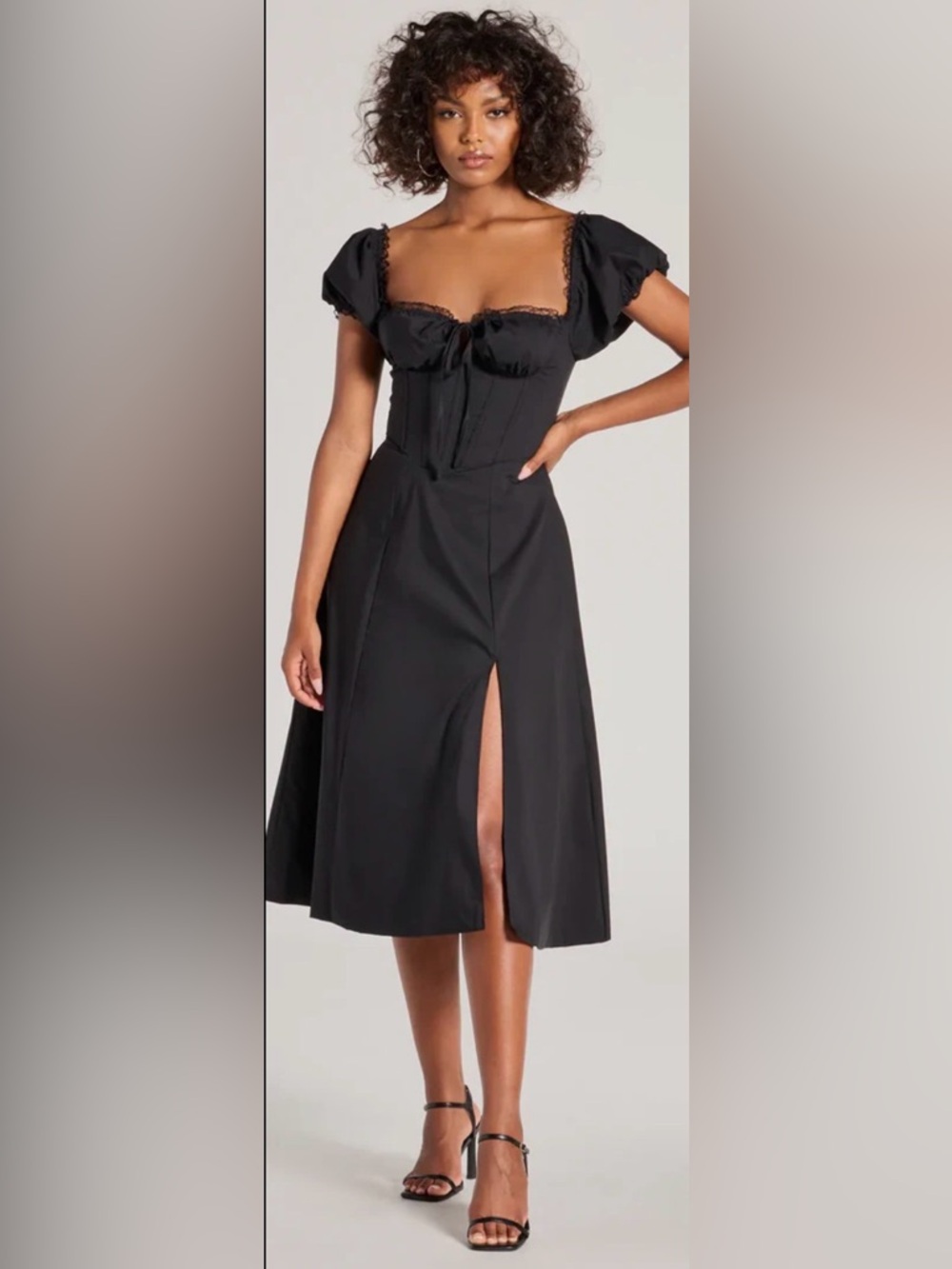 Fitted Black Midi Dress with Puff Sleeves and Front Slit